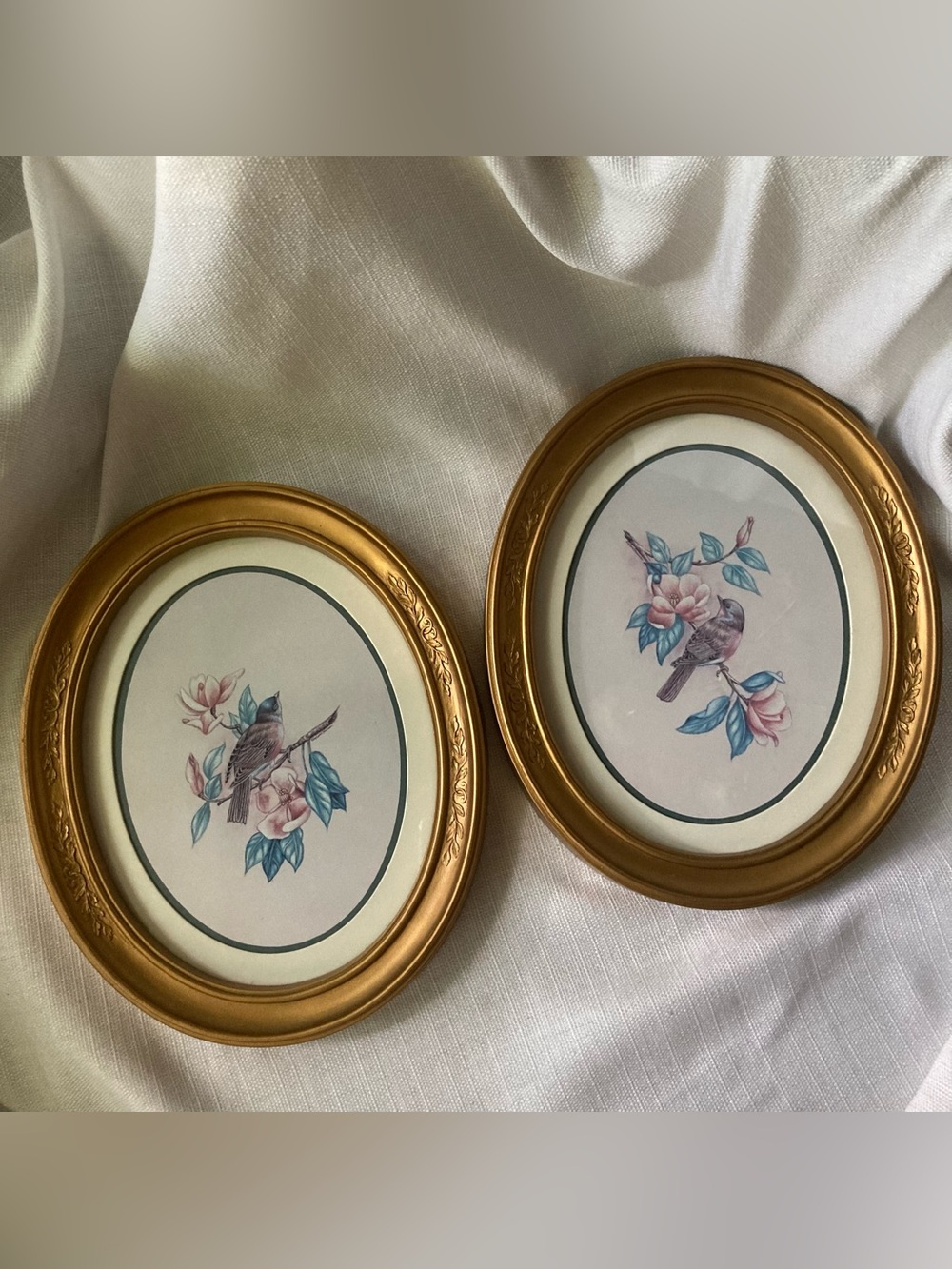 Set of 2 Homco "Bird On A Magnolia Branch" Oval Gold-Tone Frame Wall Hangings!